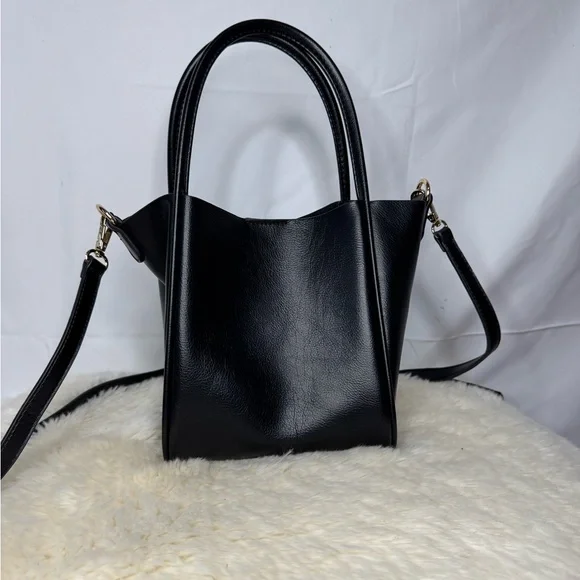 Black Faux Leather Handbag with Gold Hardware- Like New! - Picture 3 of 12